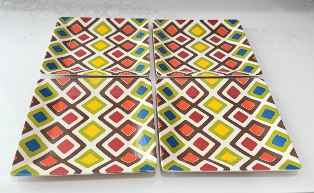 Set of 4 Target Home Melamine Square Lunch Salad Plates Retro MCM Geometric 8.5"